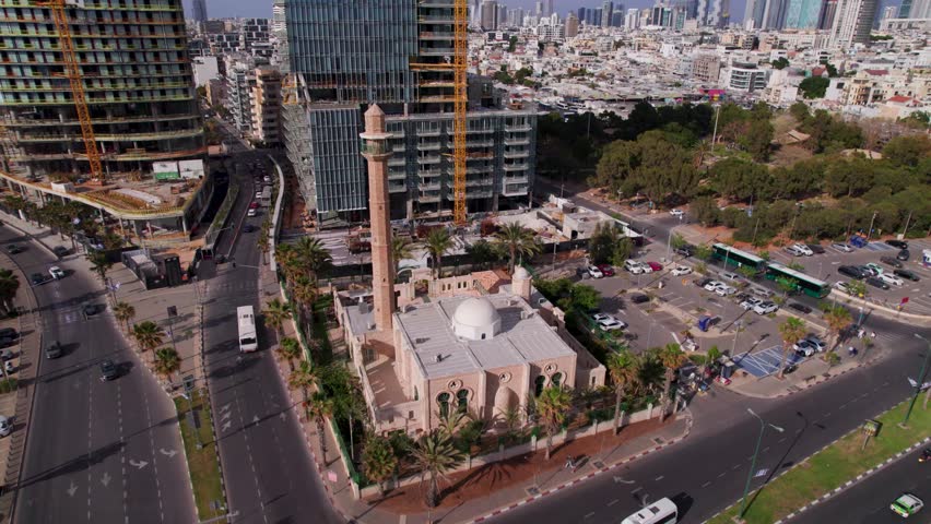 Urban aerial video over the city of Tel Aviv Israel