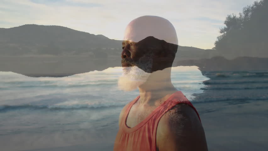 mature man meditating lakeside, featuring animated water waves and hill overlay for health design. Zen, serenity, mindfulness, nature, wellness, reflection, tranquility