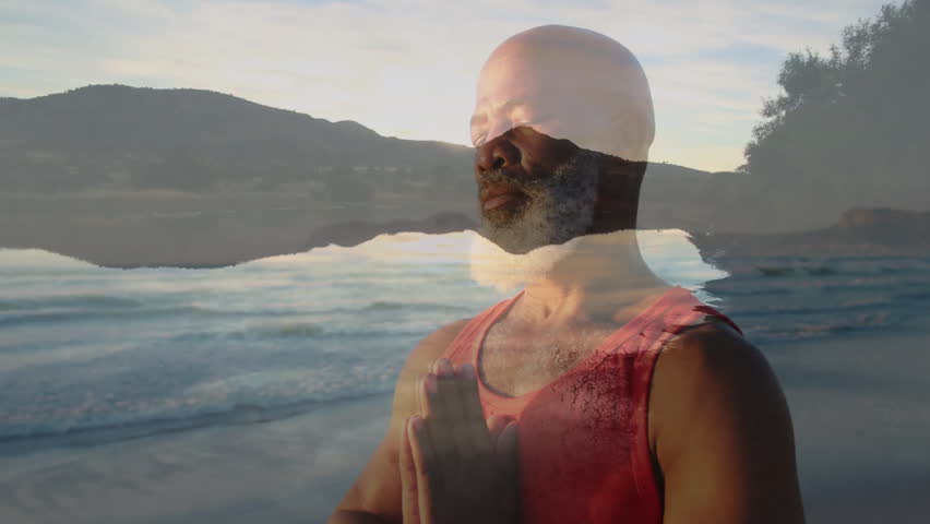 mature man meditating lakeside, featuring animated water waves and hill overlay for health design. Zen, serenity, mindfulness, nature, wellness, reflection, tranquility