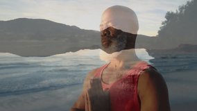 mature man meditating lakeside, featuring animated water waves and hill overlay for health design. Zen, serenity, mindfulness, nature, wellness, reflection, tranquility - Powered by Shutterstock - Get 15% off with code: PIKWIZARD15