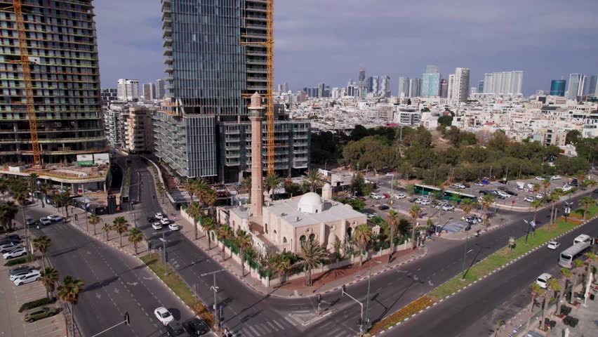 Urban aerial video over the city of Tel Aviv Israel