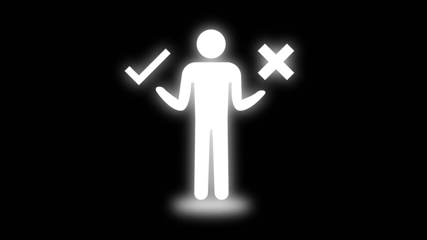 A person is caught between check and cross marks, representing confusion, decision making, moral choices, and personal accountability under pressure