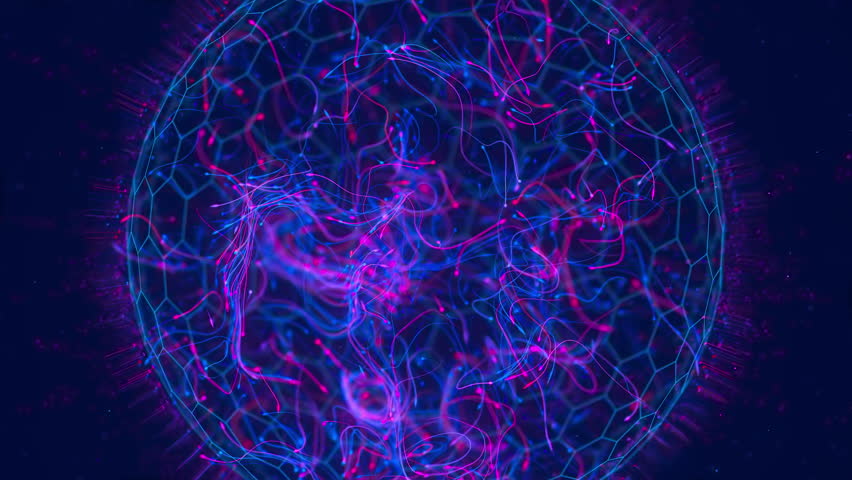 Abstract macro of quantum computing qubit spherical cell work. Subatomic patterns of cyber AI intelligence. Futuristic technology concept.