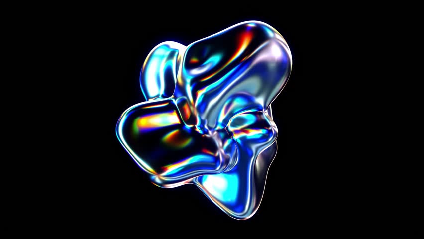 Looped animation of chrome liquid blobs in a holographic gradient space. Abstract 3D composition with vibrant metallic shapes, fluid motion, and psychedelic glossy reflections.
