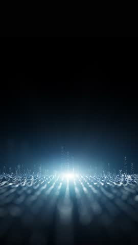 Digital technology detailed wavy lines on black vertical background with glowing light. Seamless looping animation.