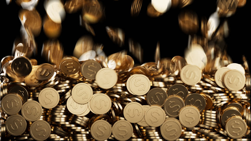 3d animation golden USA dollar coins falling down fill alpha channel. Savings, financial growth, investment, finance and banking, game gambling, bet casino