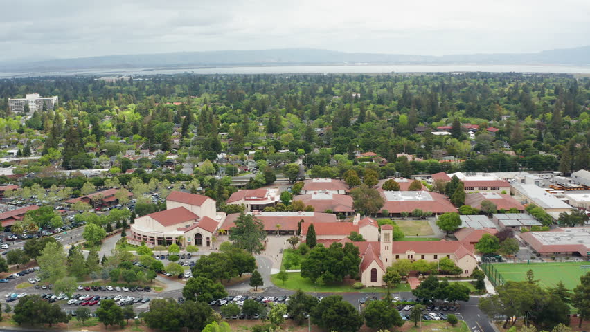 Aerial view of Palo Alto California suburban residential homes, green trees 02 - Aerial Drone View