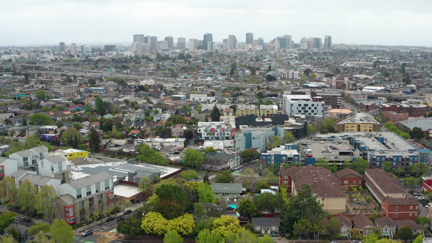 Aerial view of urban Oakland California downtown, buildings, residence, homes 03 - Aerial Drone View