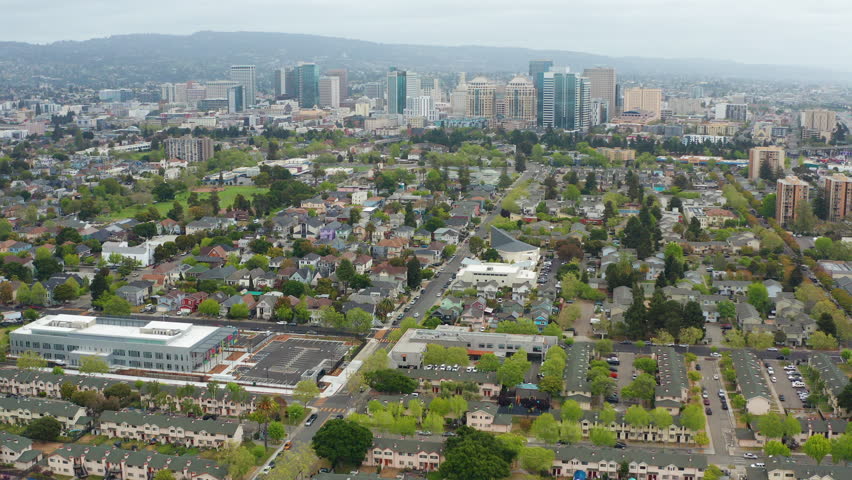 Aerial view of urban Oakland California downtown, buildings, residence, homes 06 - Aerial Drone View