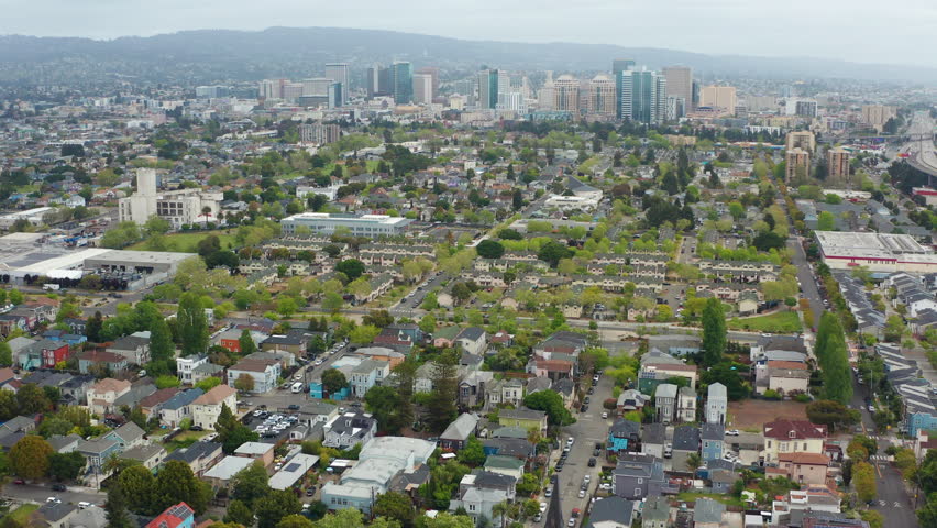 Aerial view of urban Oakland California downtown, buildings, residence, homes 05 - Aerial Drone View