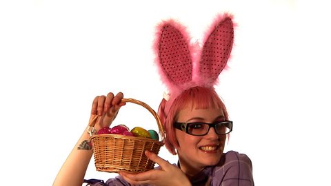 A quirky pink haired easter bunny girl with eggs