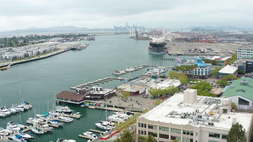 Aerial view of Alameda Oakland suburban urban homes, buildings, harbor 05 - Aerial Drone View