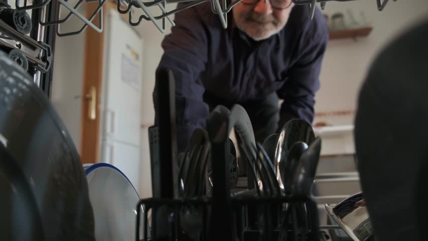 A man collecting clean cutlery from inside an open dishwasher in a modern kitchen