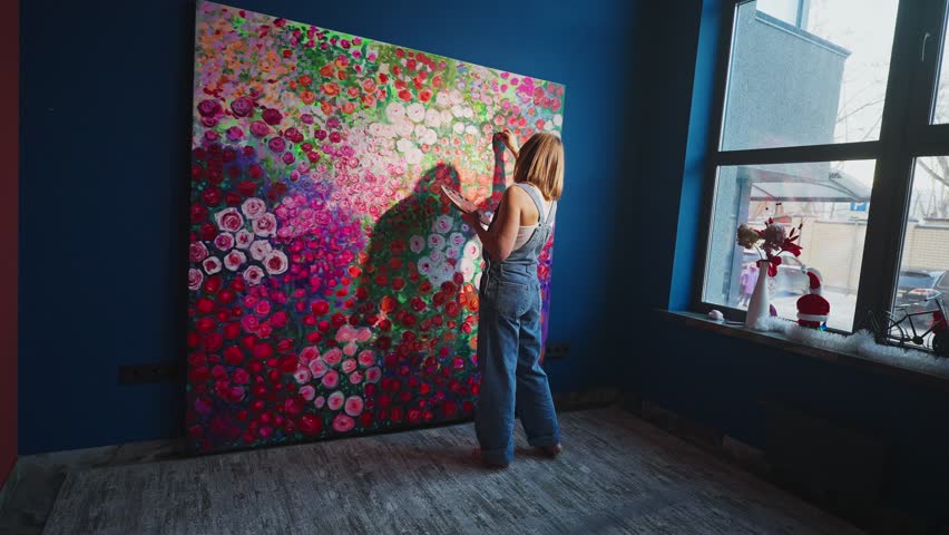 Talented woman artist carefully adds details to a vibrant and large floral artwork, showcasing her passion and dedication to her craft in a bright studio
