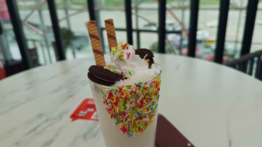 Tasty Banana Milk Shake With Cream. Colorful milkshake and drink on cafe . Fresh orange juice. Milkshakes With Whipped Cream in Glass. Delicious dessert drink.