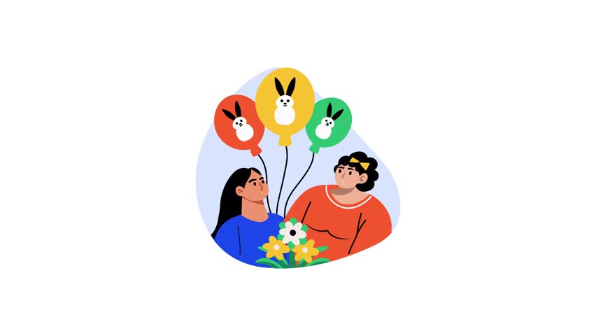 Two characters holding easter balloons, flat animated illustration 