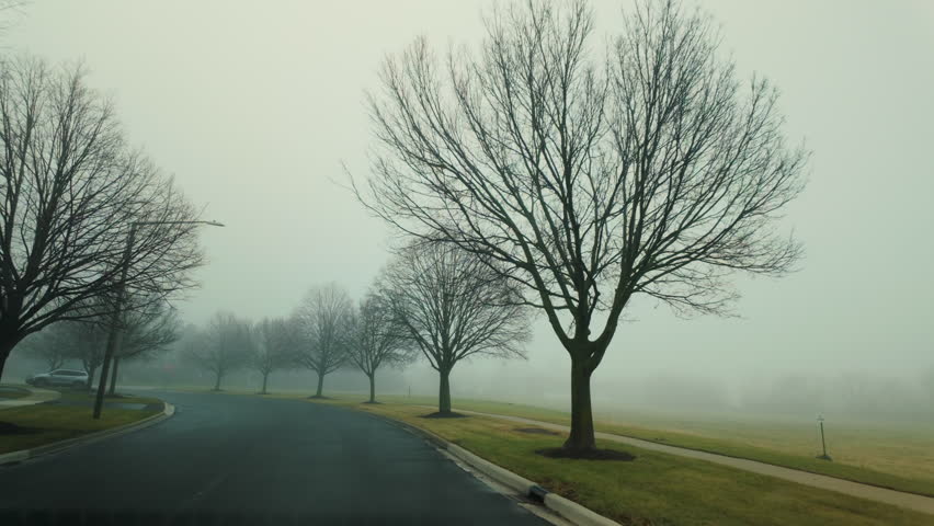 POV shot of Driving along the road in the foggy road in autumn