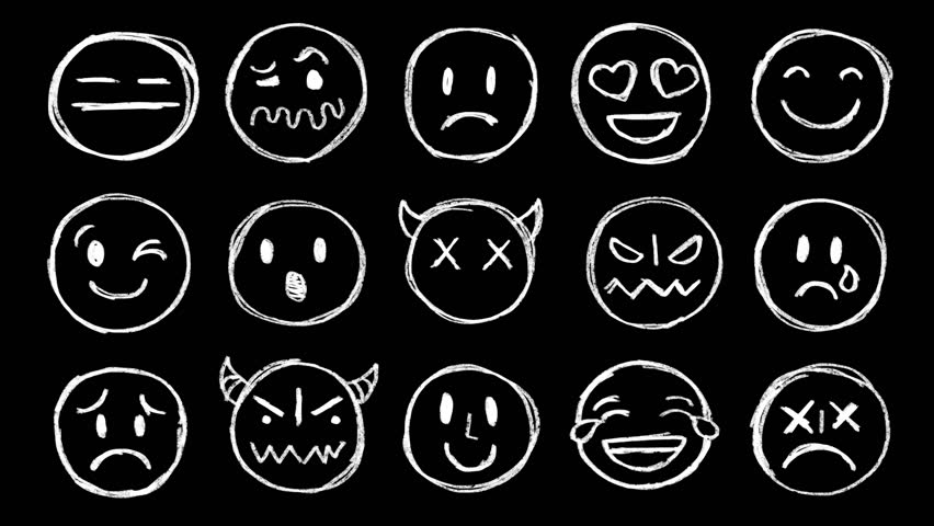 Set of 15 faces animations of different emotions sketch doodles. Collection of Hand-drawn scribble emojis. Doodle icons, wiggle stickers. Emoji pack. Emoticons to put emotions in your videos.