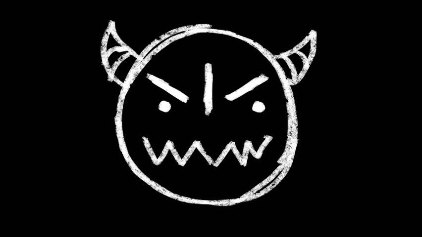 Hand-drawn scribble Emoji animation of a Angry face to put emotions in your videos. Angry devil face with horns frame by frame brush stroke animation. Doodle icon, wiggle sticker rough pencil crayon.