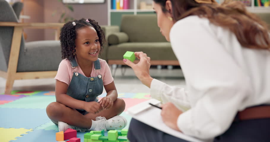 High five, teacher or child with smile at school, creative learning and classroom for girl or growth. Tutor, problem solving or educator testing kid student, for goal, building success or solution