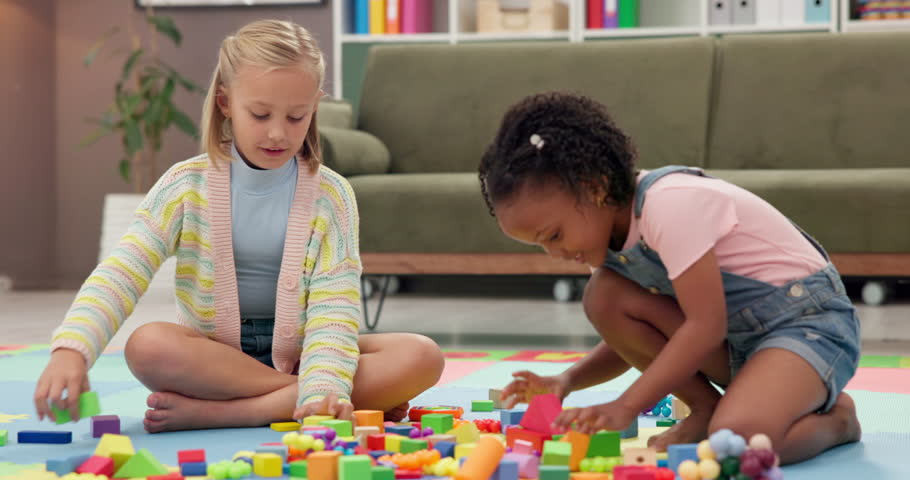 Building blocks, playing and kids on floor in home for cognitive development or creativity. Learning, living room and girl children with educational toys for fine motor skills or sensory in house.