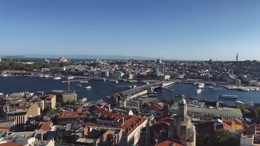 Panoramic Aerial View of Istanbul with Galata Bridge and Mosques