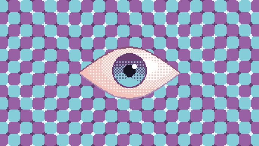 Seamless loop animation of a blinking eye centered in a hypnotic, colorful geometric pattern. Pixel art style with optical illusion effect and surreal atmosphere.