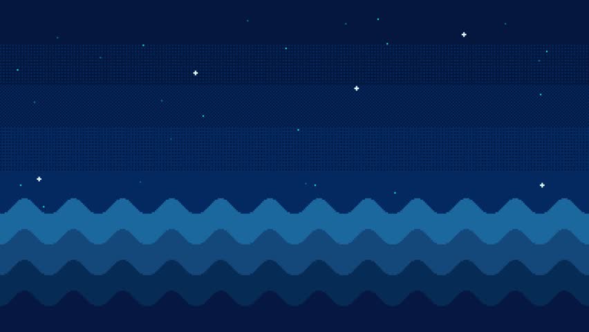 Animated pixel art sea waves background. Ocean at night against starry sky. 8-bit style looping animation.