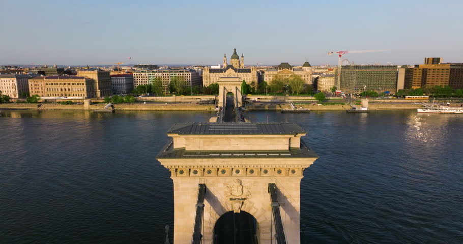 River Cruise At Danube River - Szechenyi Chain Bridge In Budapest, Hungary. - aerial shot
