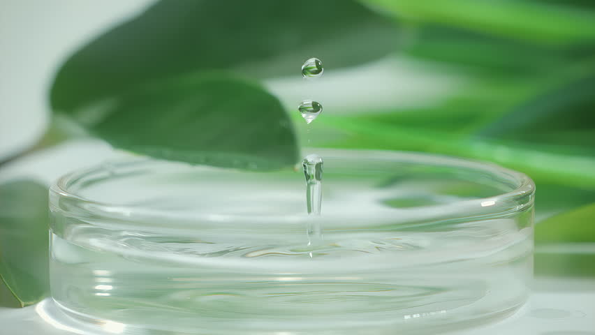 Drop is falling into petri dish with cosmetic or medical liquid in slow motion. Dermatology science laboratory. Concept of natural medicine or cosmetic research and organic skin or body care products