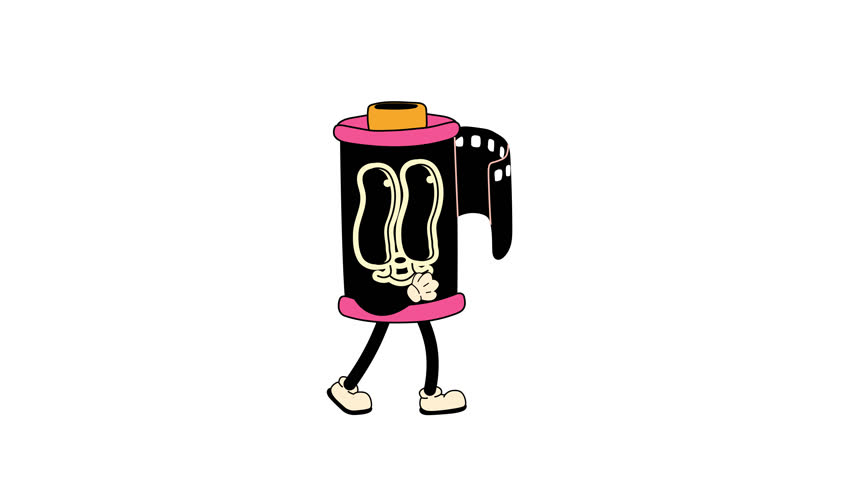 Groovy retro cartoon film roll character with a funky vintage vibe. Walking Loop Animation. Alpha channel transparency