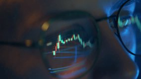 Trader wearing glasses is working on laptop computer. Screen with stock market charts and Bitcoin BTC or Ethereum ETH data analysis reflection. Broker trading online. Altcoins crypto currency trading - Powered by Shutterstock - Get 15% off with code: PIKWIZARD15