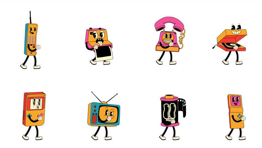 Funky Cartoon Collection of Old-School Electronics. Walking Loop Animation. Alpha channel transparency