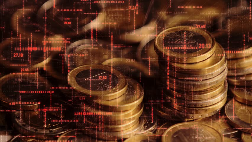 Macro of euro coin stacks overlaid with red holographic financial crash graphics