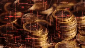 Macro of euro coin stacks overlaid with red holographic financial crash graphics - Powered by Shutterstock - Get 15% off with code: PIKWIZARD15
