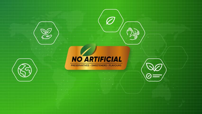 No artificial no preservatives free from sweeteners flavor golden tag label badge healthy product green background animated