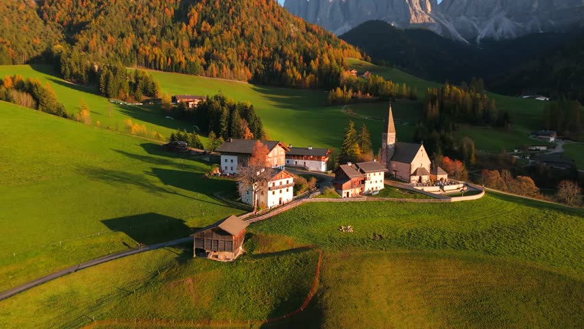 Val di Funes and village Santa Maddalena. Dolomites, Italy