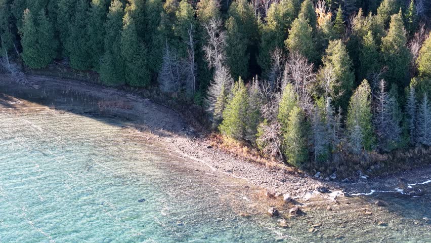 Aerial view of a rocky shoreline with turquoise water and dense pine forest along the edge