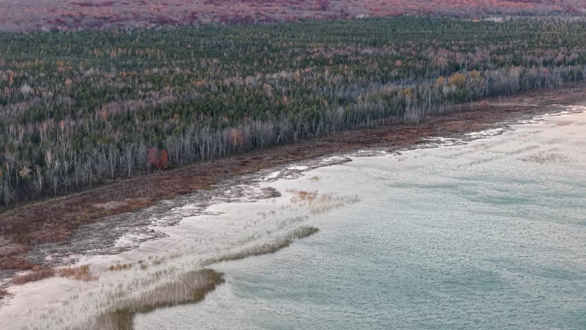 Aerial drone footage of a sandy Lake Superior beach meeting dense Upper Peninsula forest under a cloudy afternoon sky