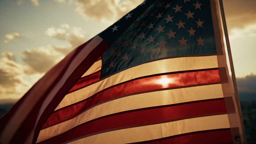 American flag waving at sunset