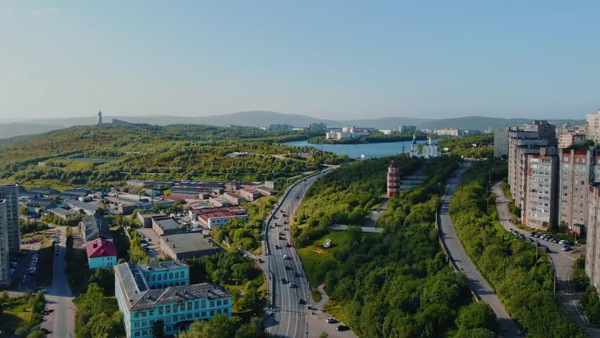 Aerial view panorama of city Murmansk monument Defenders of Soviet Arctic, Russia