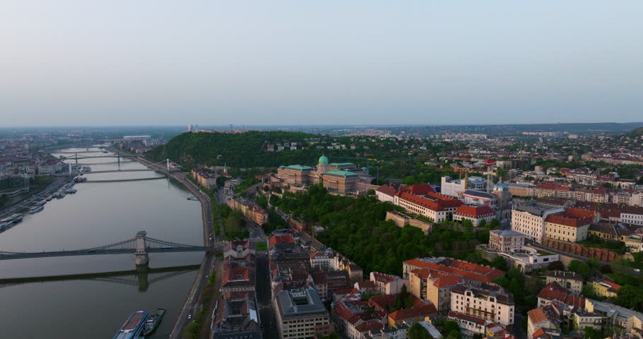 Buda Castle And Carmelite Monastery - Castle District At Sunrise In Budapest, Hungary. - aerial shot