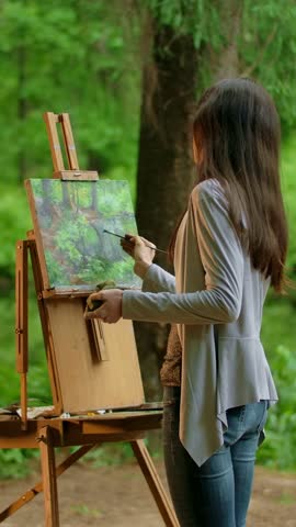 Rear view of a young artist woman painting a landscape in a summer forest. Attractive slender brunette girl drawing a picture. Professional in art. Cloudy lighting. Slow motion. Vertical shot.