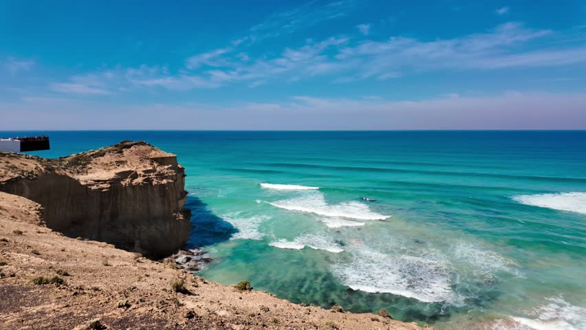 The iconic 12 Apostles of the Great Ocean Road of Melbourne, Australia. The footage pans to reveal the scenic view of the waves.