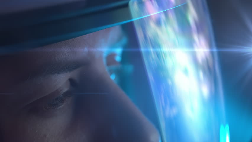 Astronaut with nebula and galaxies in space. Reflection of planet earth. Milky way with galaxy stars and space dust in universe. Blue stanfield abstract background. Cosmonaut in deep cosmos at night