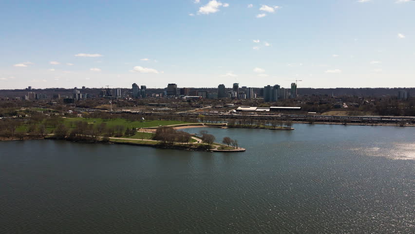 Bayfront Park Offers Scenic Waterfront Views and Green Spaces Near Downtown Hamilton, Ontario, Canada - Drone Flying Forward