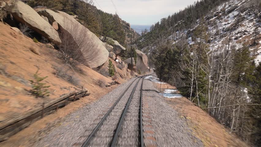 POV From Train Traveling In The Snowy Railway In The Mountains - Pikes Peak Cog Railway In Manitou Springs, Colorado, USA. - hyperlapse
