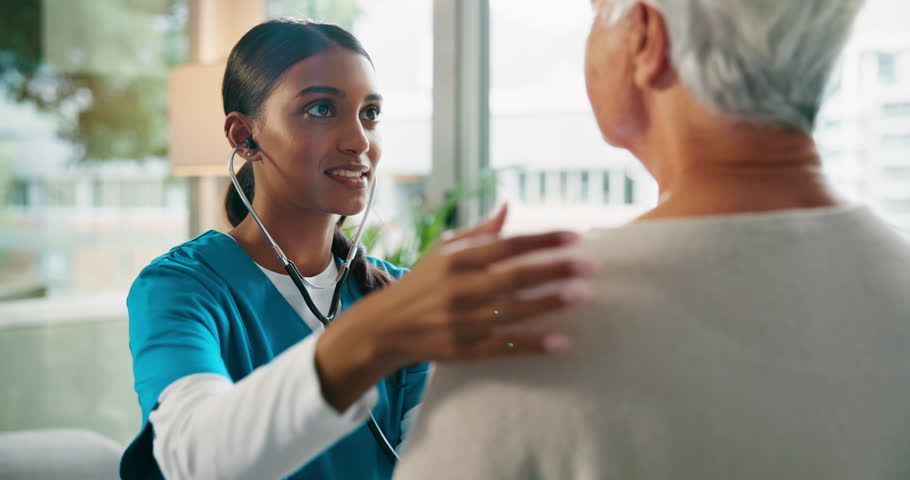 Stethoscope, listen and nurse with senior woman for medical service, consulting and diagnosis. Healthcare, retirement and caregiver with elderly person for cardiology, checkup and medicare in home