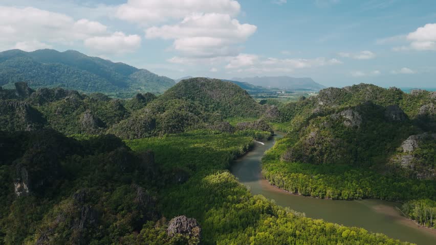 Aerial view of winding river through a mangrove forest surrounded by lush green hills and mountains, under a cloudy sky, langkawi, malaysia. 