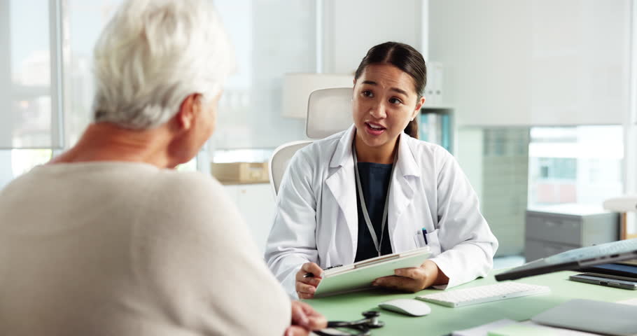 Senior woman, doctor and consultation with clipboard for healthcare, writing or checkup. Checklist, talking and patient in medical clinic for test results, insurance application and explain symptoms